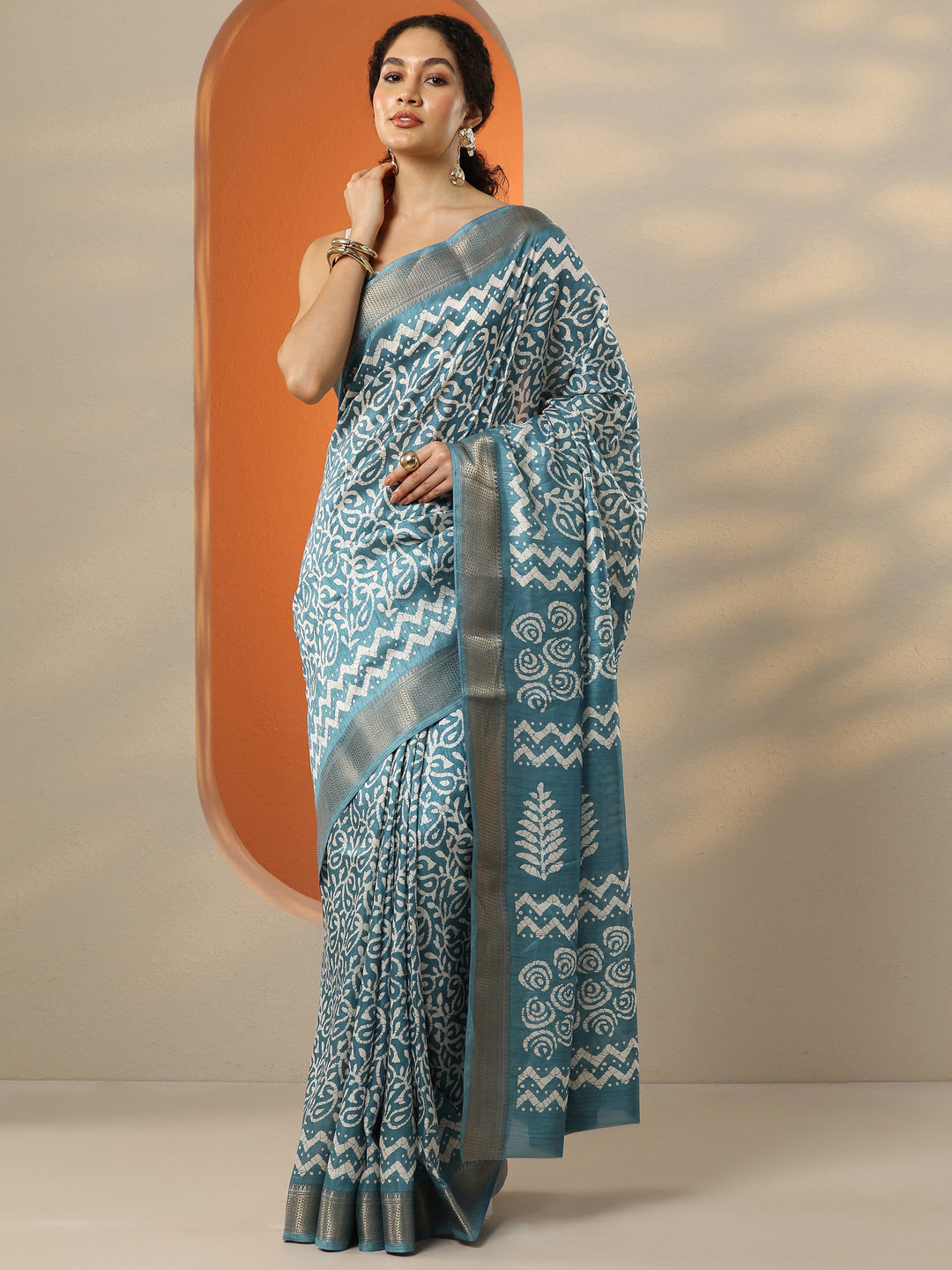  Blue Batik Printed Silk Blend Saree With Unstitched Blouse Piece 