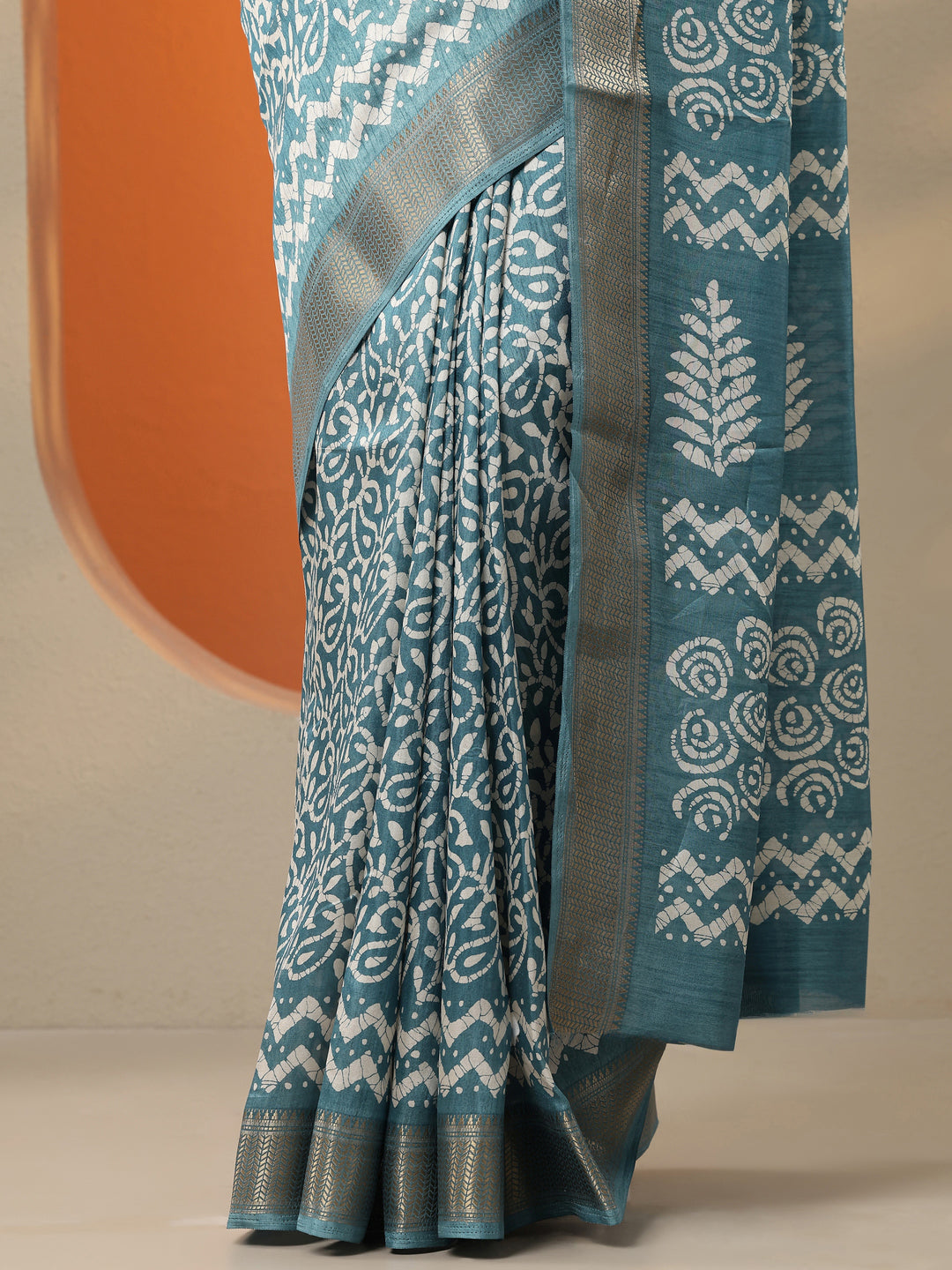  Blue Batik Printed Silk Blend Saree With Unstitched Blouse Piece 