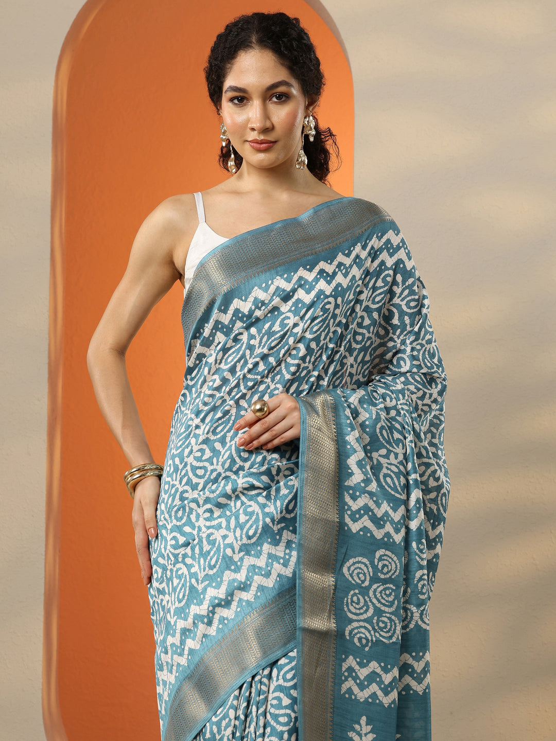  Blue Batik Printed Silk Blend Saree With Unstitched Blouse Piece 