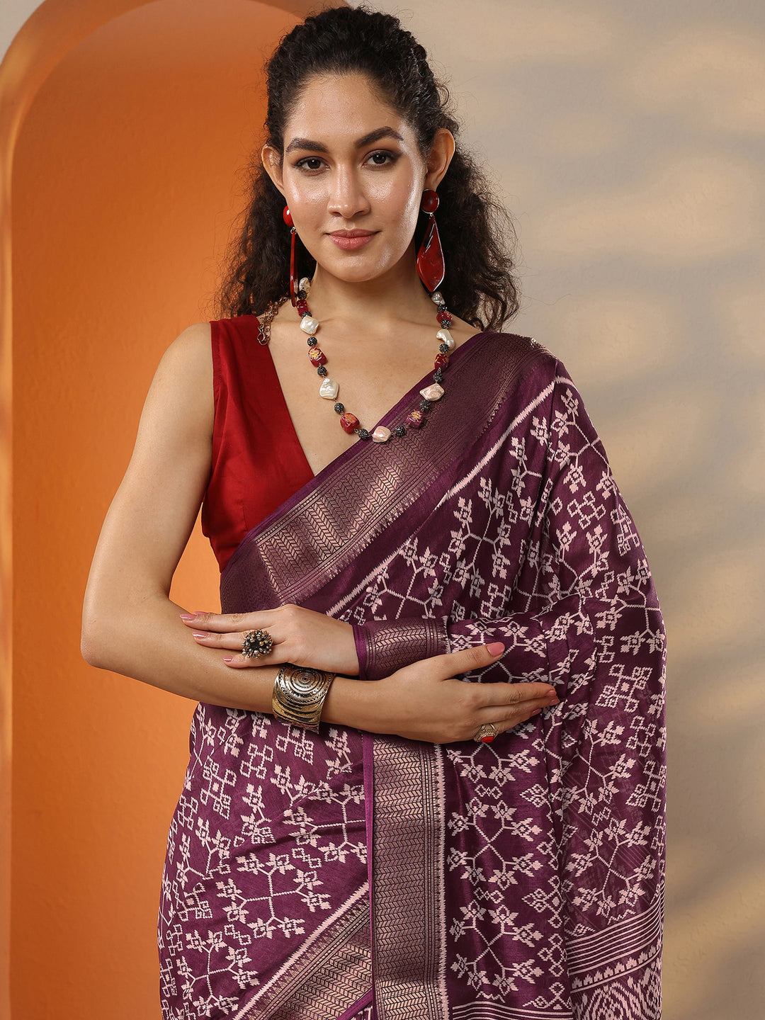  Burgundy Printed Silk Blend Saree With Unstitched Blouse Piece 