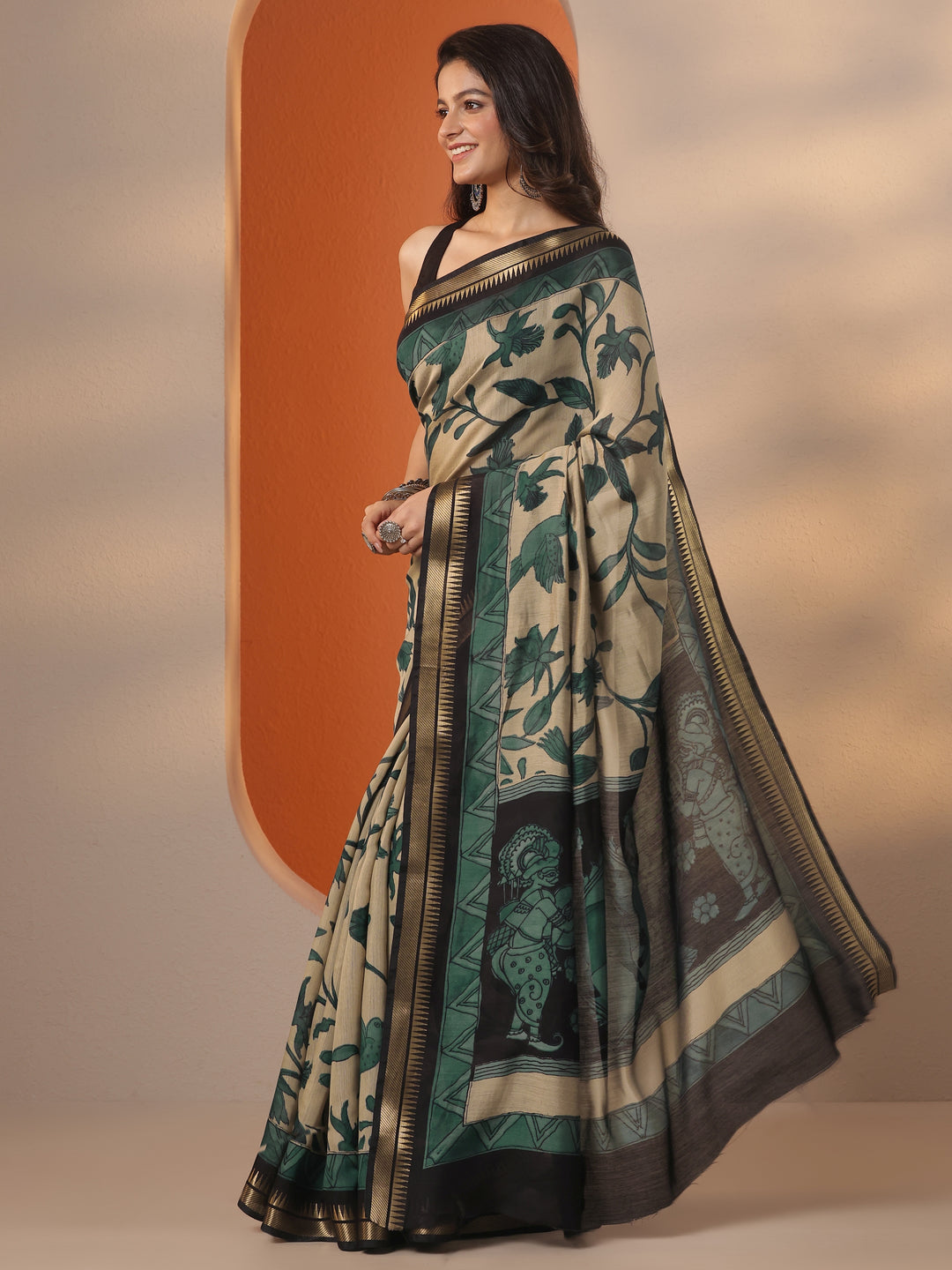  Beige Printed Silk Blend Saree With Unstitched Blouse Piece 