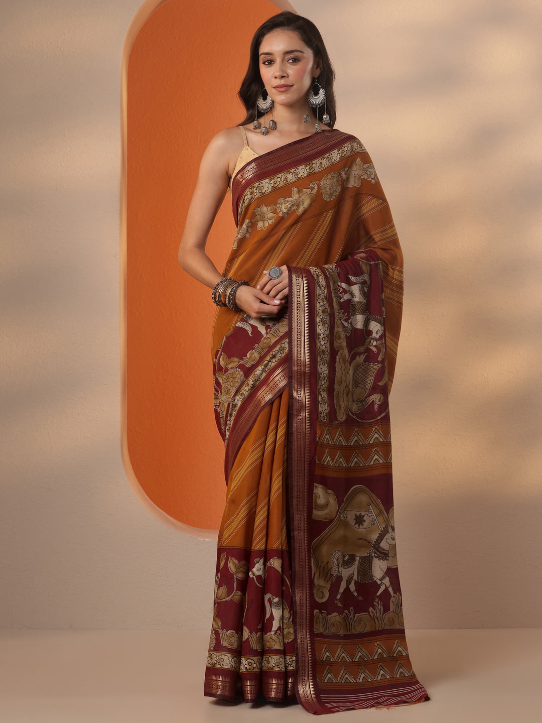  Orange Printed Silk Blend Saree With Unstitched Blouse Piece 
