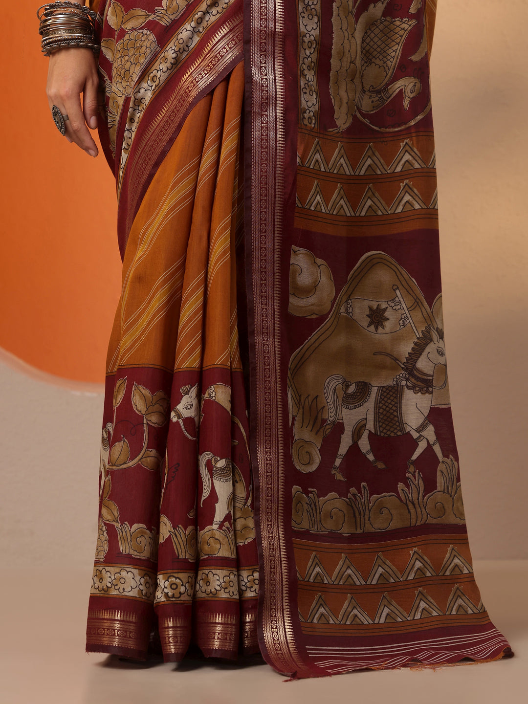  Orange Printed Silk Blend Saree With Unstitched Blouse Piece 
