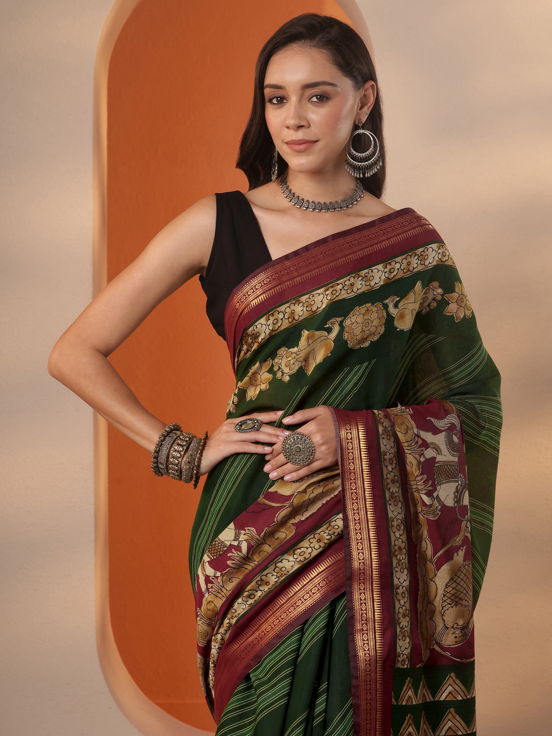  Green Printed Silk Blend Saree With Unstitched Blouse Piece 