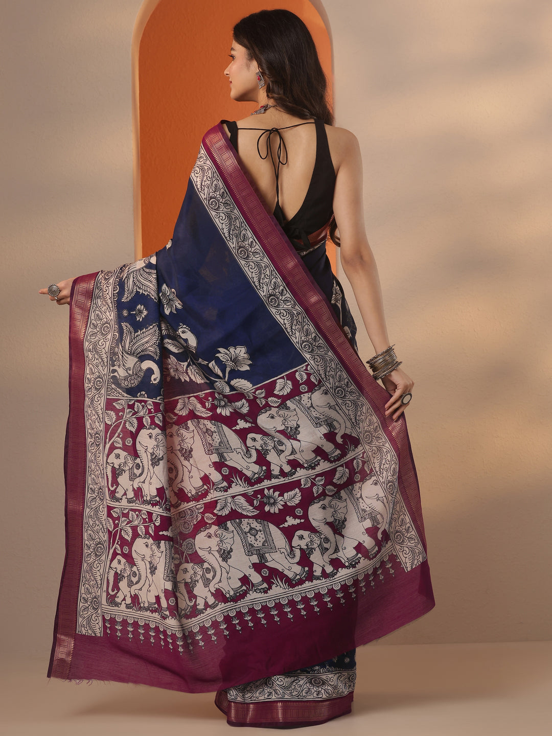  Navy Blue Printed Silk Blend Saree With Unstitched Blouse Piece 