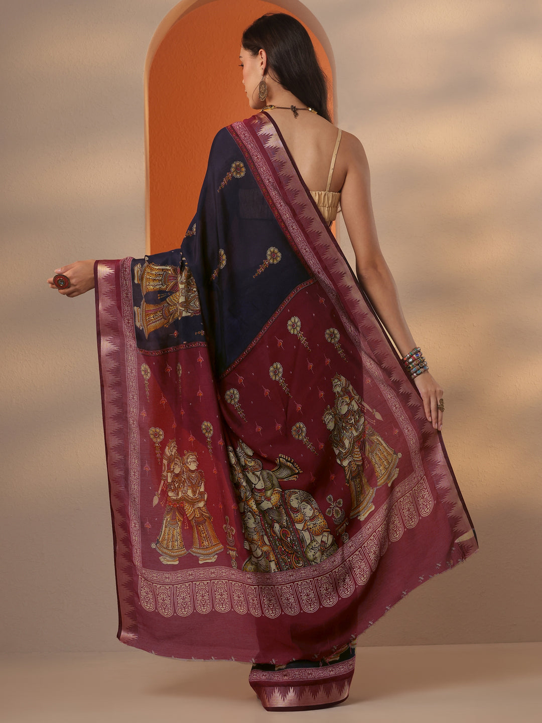  Blue Printed Silk Blend Saree With Unstitched Blouse Piece 