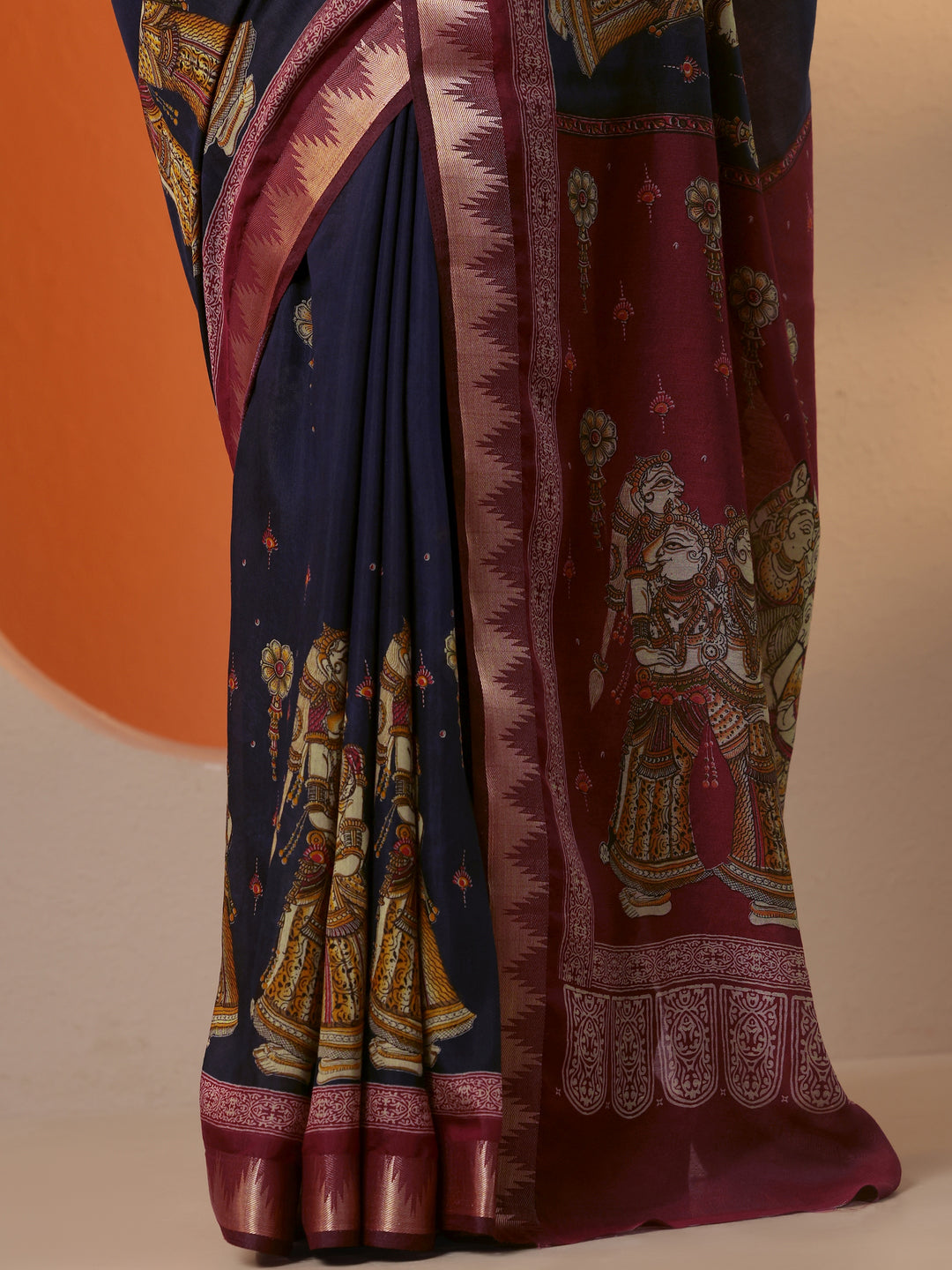  Blue Printed Silk Blend Saree With Unstitched Blouse Piece 