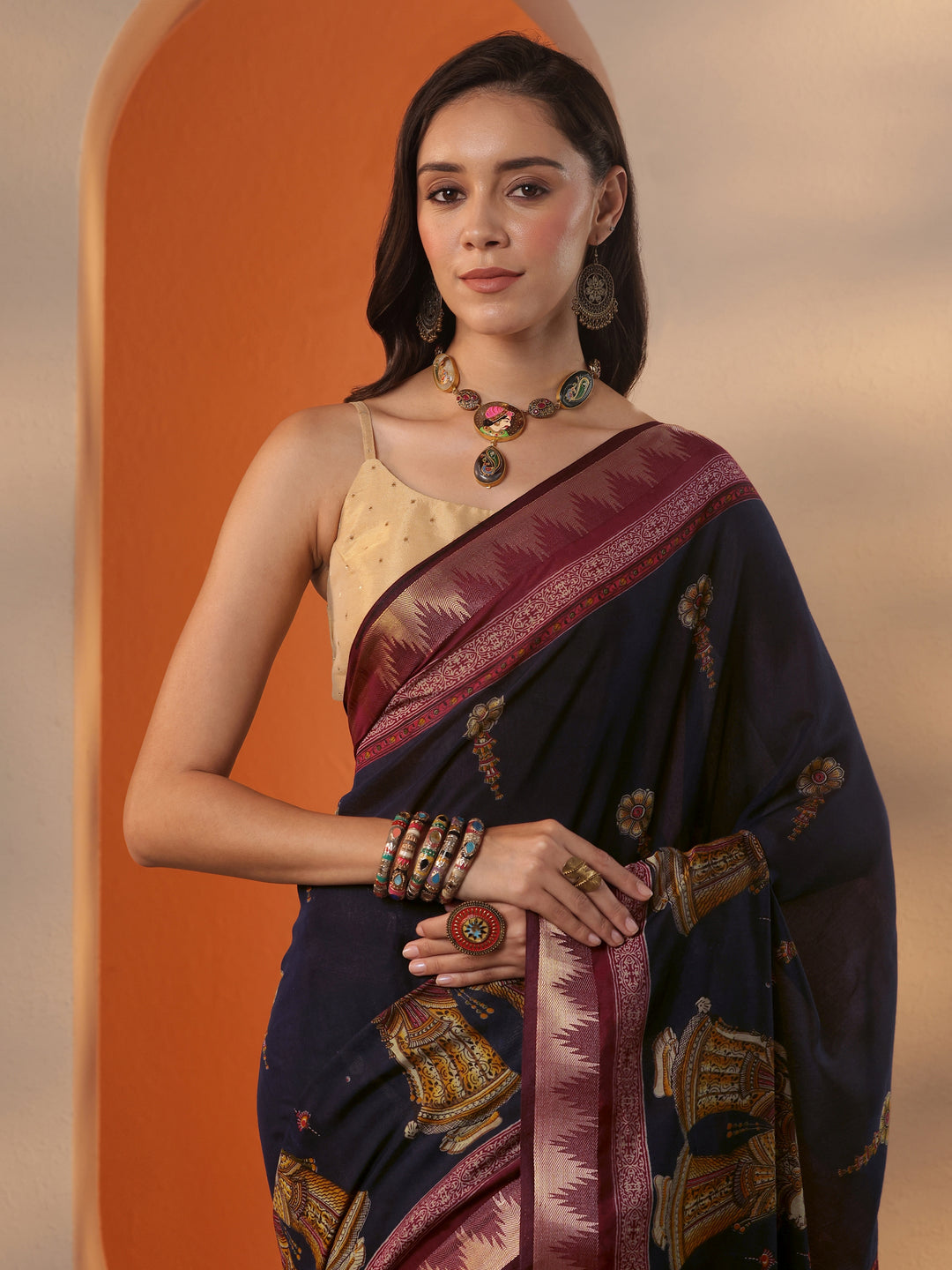  Blue Printed Silk Blend Saree With Unstitched Blouse Piece 