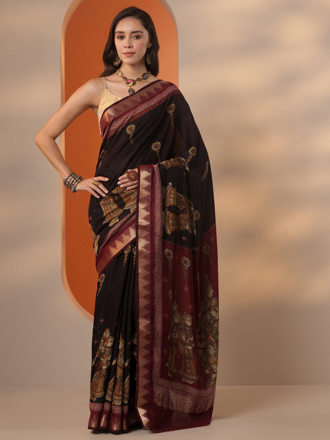  Black Printed Silk Blend Saree With Unstitched Blouse Piece 