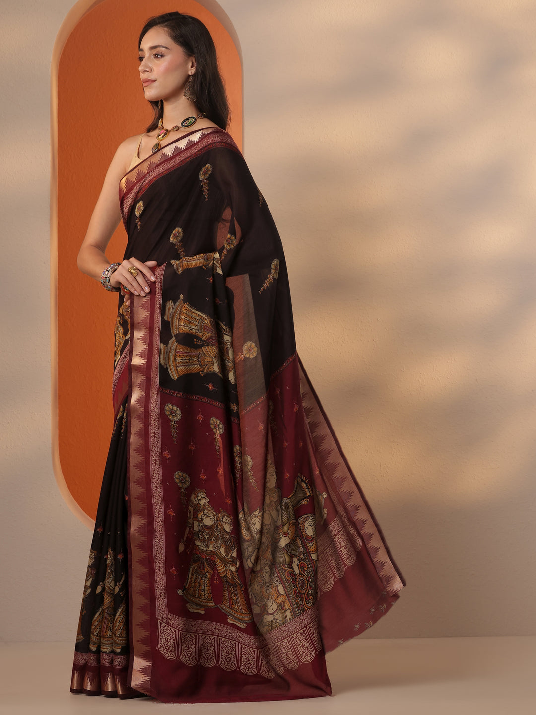  Black Printed Silk Blend Saree With Unstitched Blouse Piece 