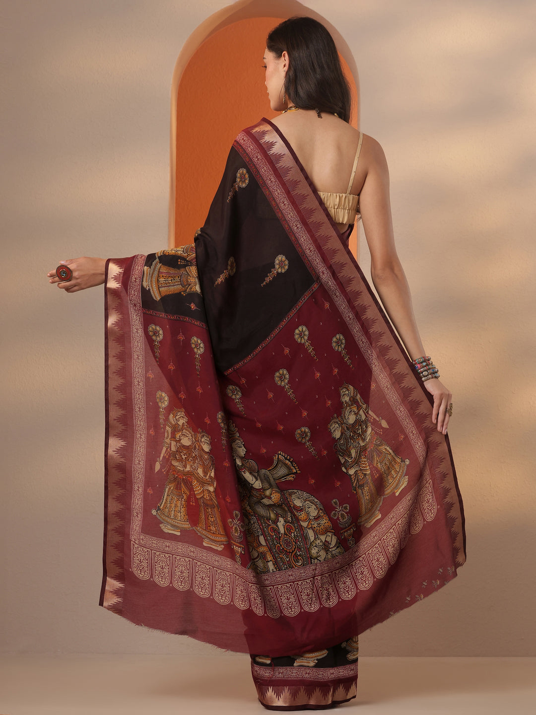  Black Printed Silk Blend Saree With Unstitched Blouse Piece 