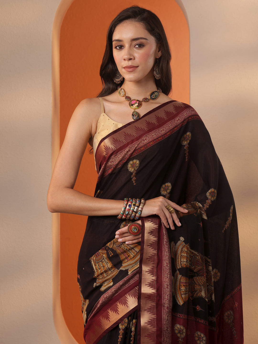  Black Printed Silk Blend Saree With Unstitched Blouse Piece 