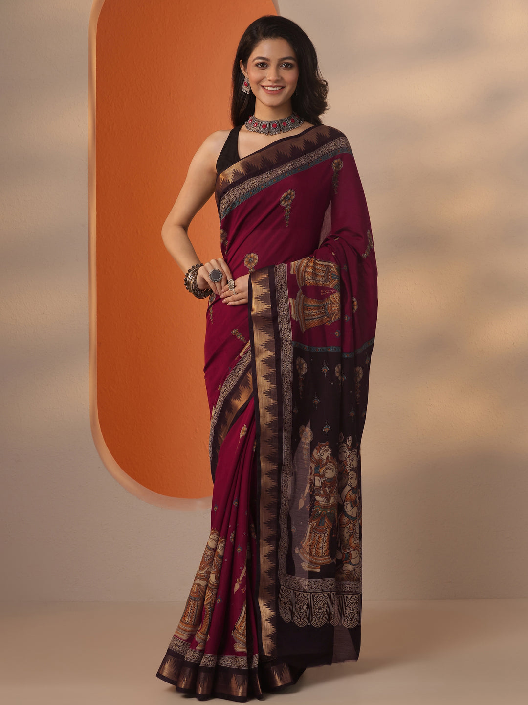  Red Printed Silk Blend Saree With Unstitched Blouse Piece 