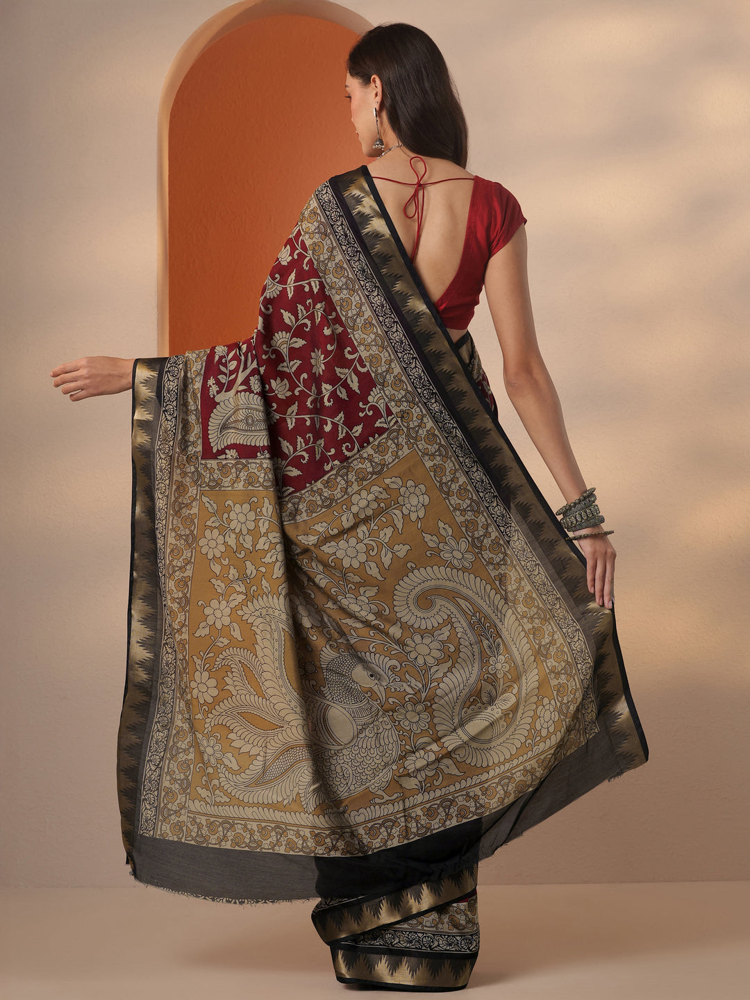  Red Printed Silk Blend Saree With Unstitched Blouse Piece 