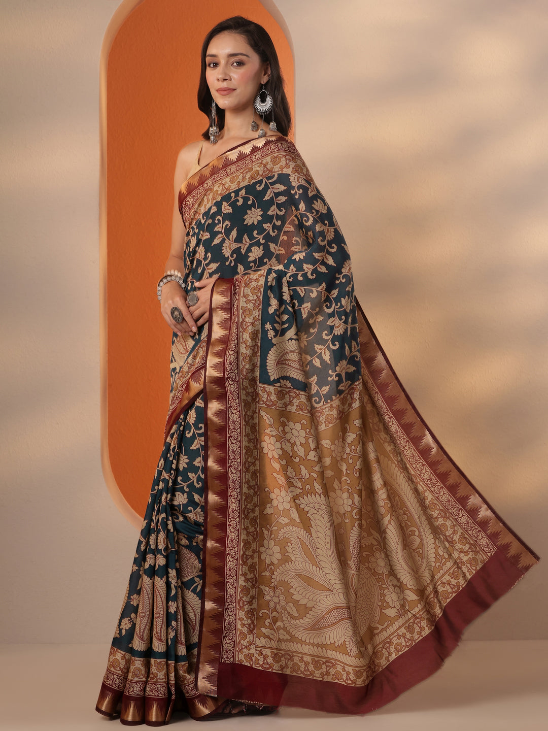  Teal Printed Silk Blend Saree With Unstitched Blouse Piece 