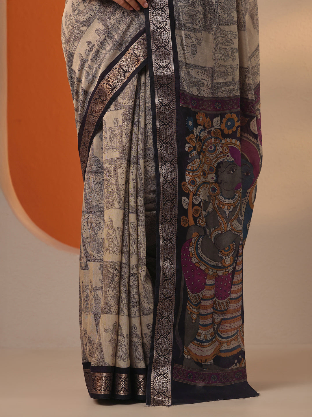  Beige Printed Silk Blend Saree With Unstitched Blouse Piece 