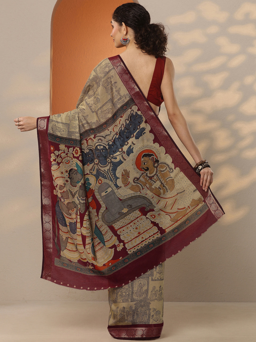  Beige Printed Silk Blend Saree With Unstitched Blouse Piece 