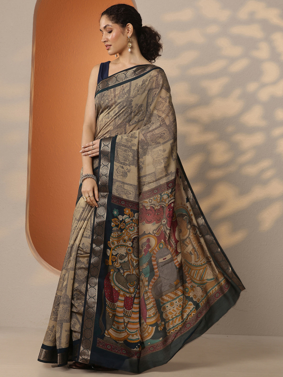  Beige Printed Silk Blend Saree With Unstitched Blouse Piece 