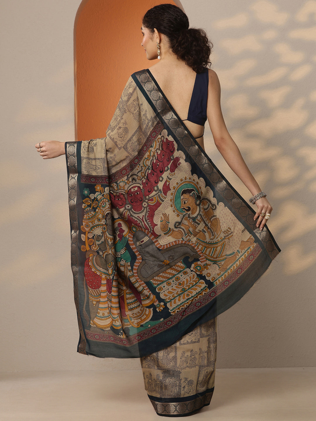  Beige Printed Silk Blend Saree With Unstitched Blouse Piece 