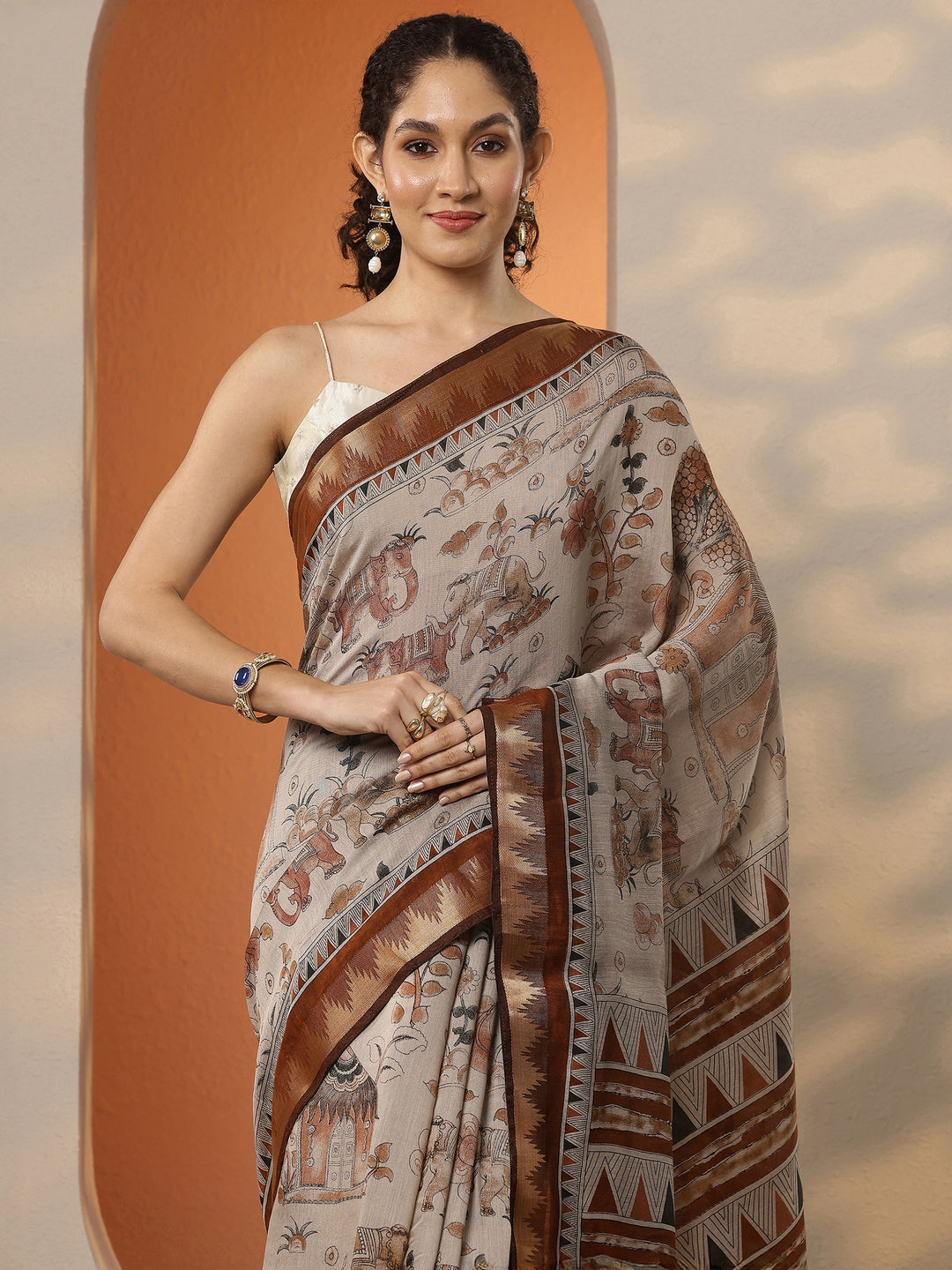  Beige Printed Silk Blend Saree With Unstitched Blouse Piece 
