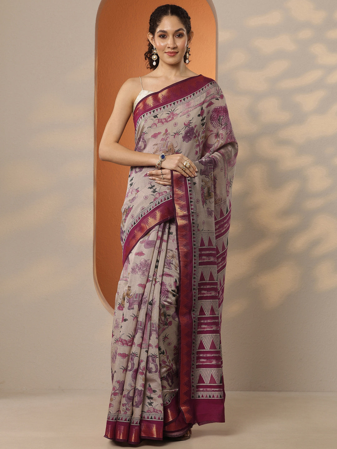  Beige Printed Silk Blend Saree With Unstitched Blouse Piece 