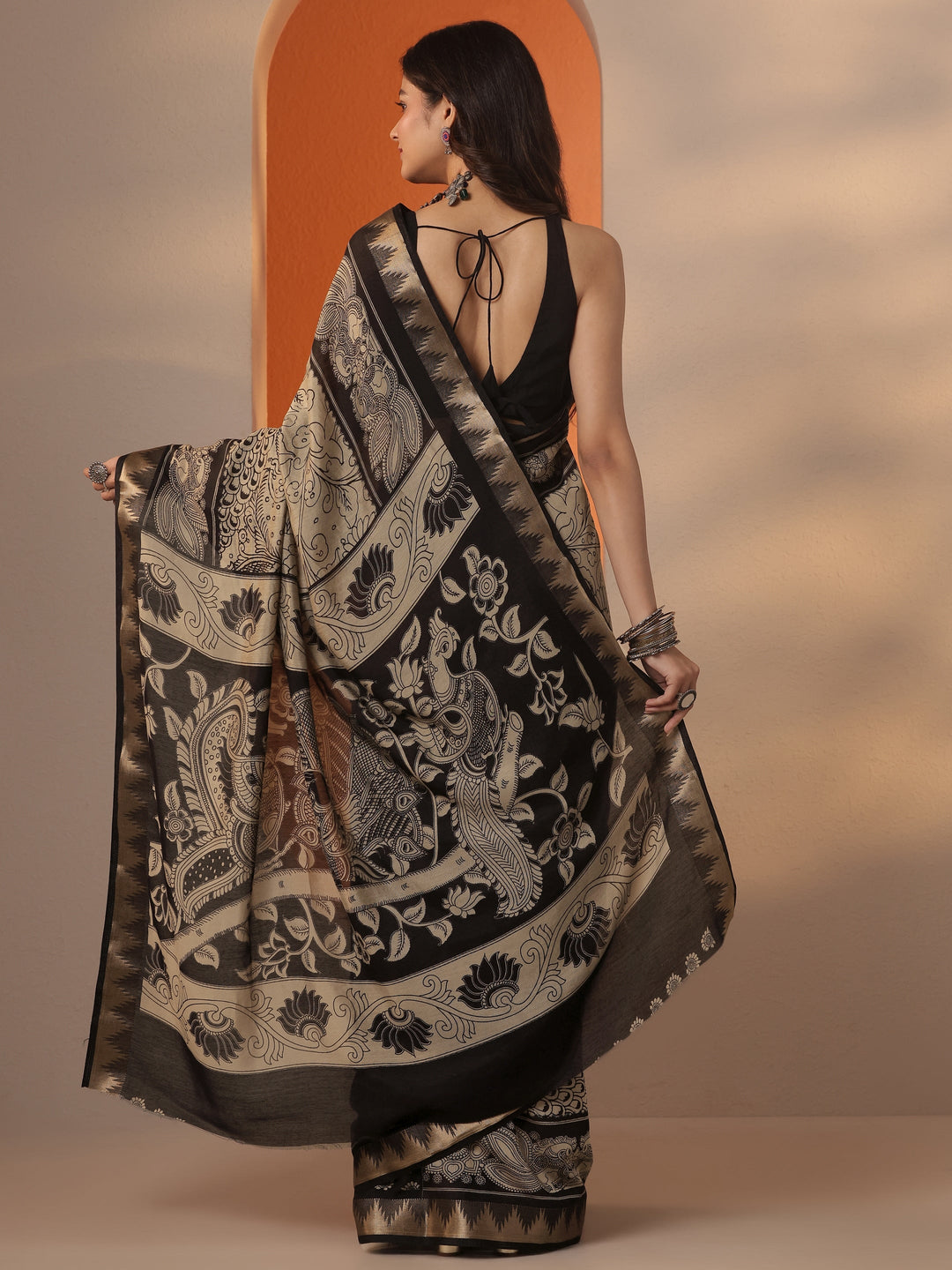  Beige Printed Silk Blend Saree With Unstitched Blouse Piece 