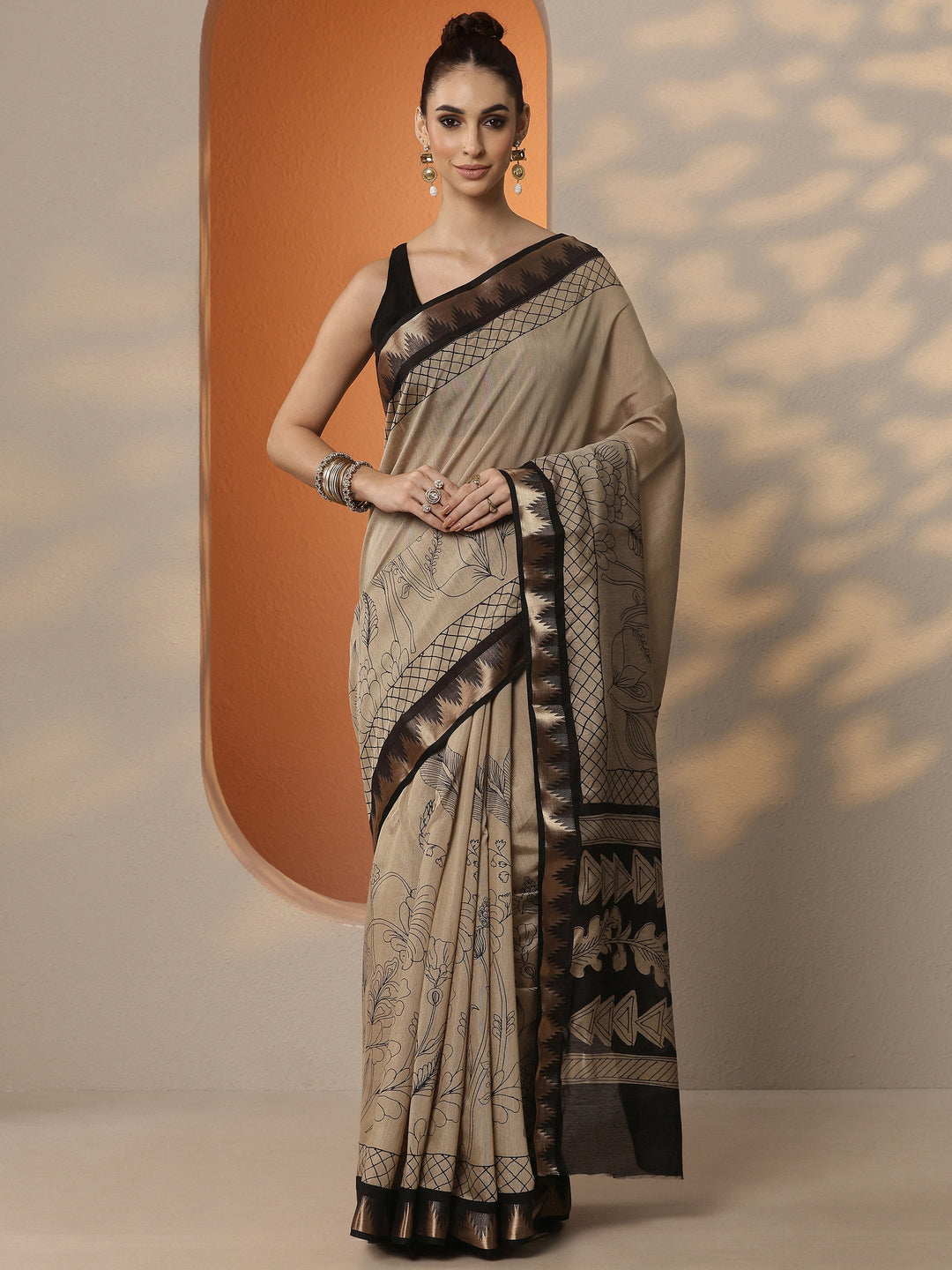  Beige Printed Silk Blend Saree With Unstitched Blouse Piece 