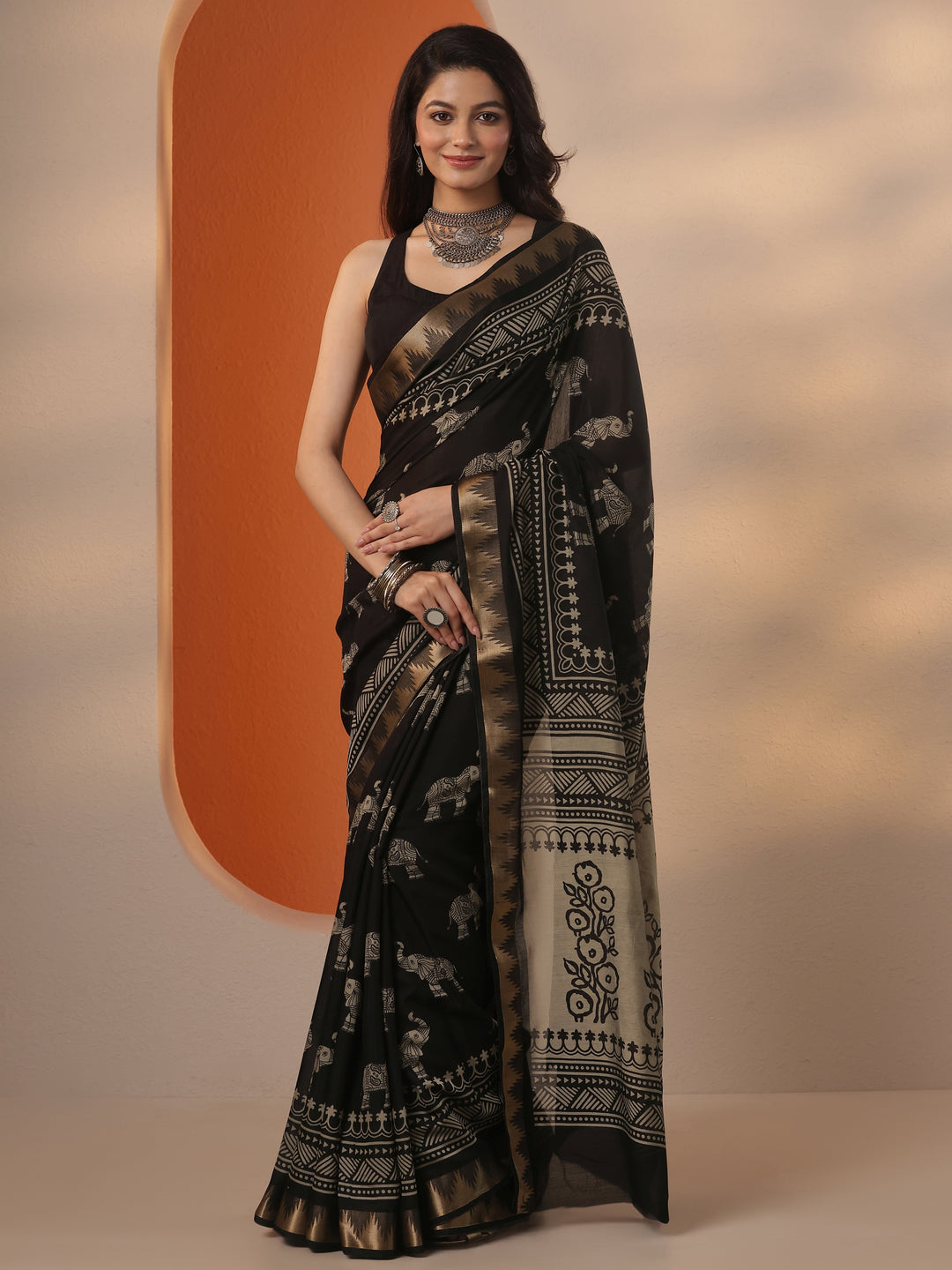  Black Printed Silk Blend Saree With Unstitched Blouse Piece 