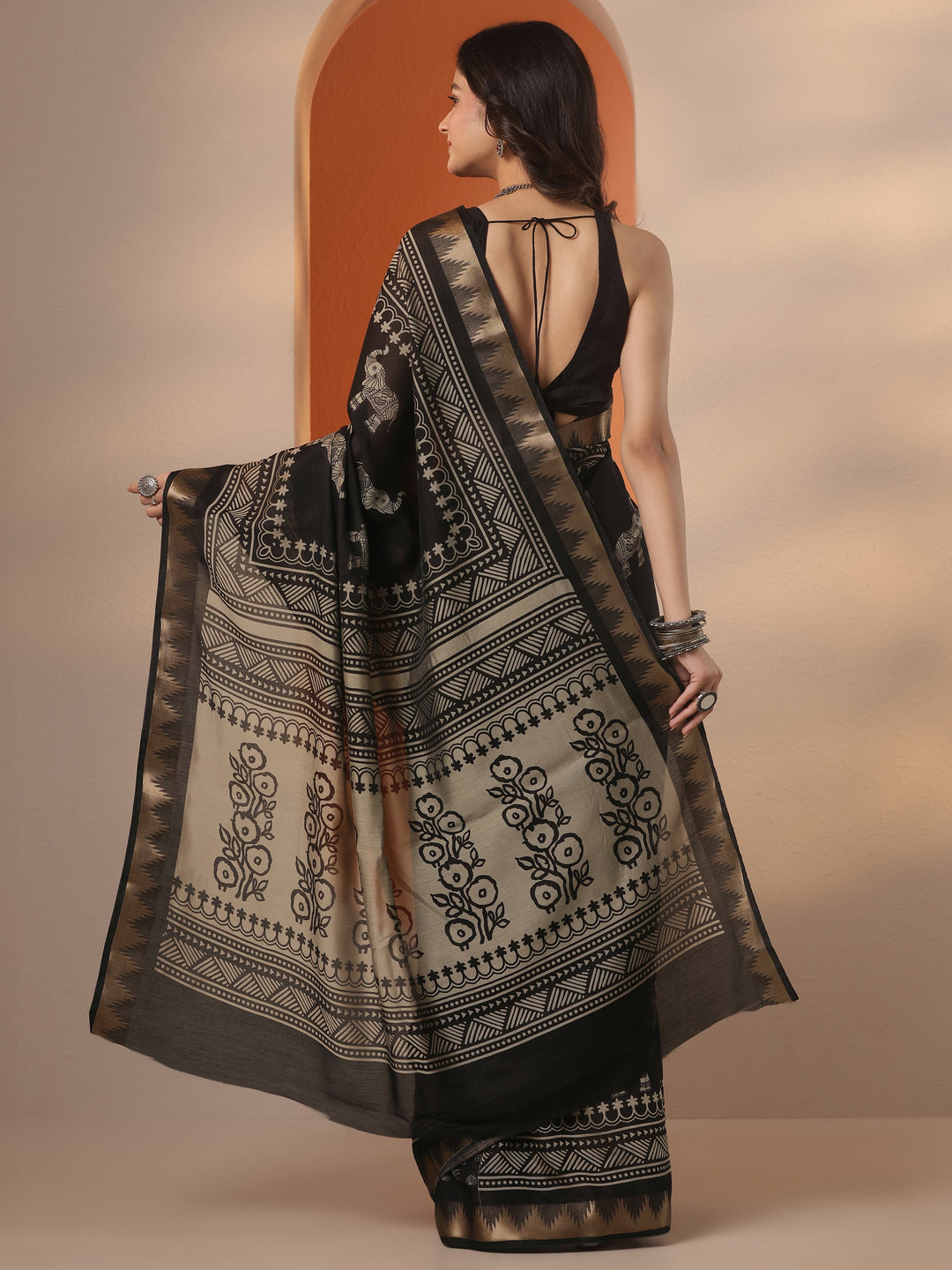  Black Printed Silk Blend Saree With Unstitched Blouse Piece 