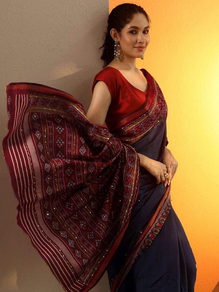 Libas Navy Blue Solid Silk Blend Saree With Unstitched Blouse Piece
