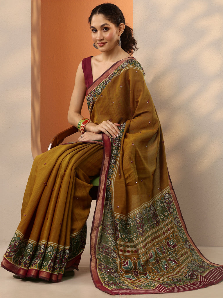 Libas Mustard Solid Silk Blend Saree With Unstitched Blouse Piece