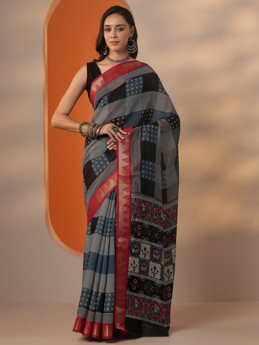 Blue Printed Silk Blend Saree With Unstitched Blouse Piece 