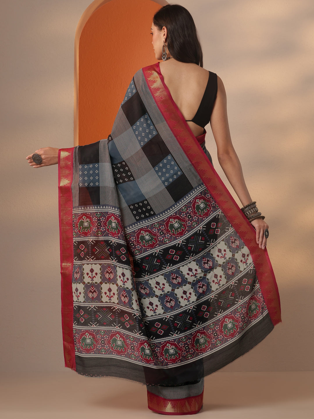  Blue Printed Silk Blend Saree With Unstitched Blouse Piece 
