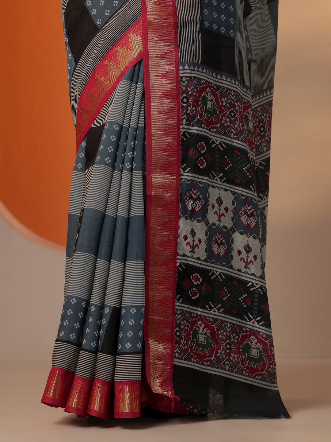  Blue Printed Silk Blend Saree With Unstitched Blouse Piece 