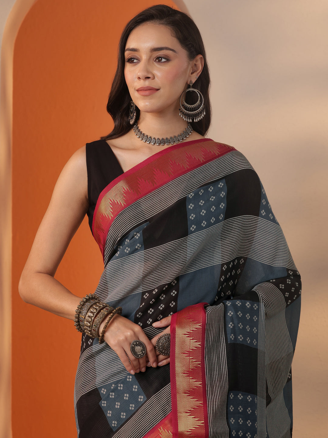  Blue Printed Silk Blend Saree With Unstitched Blouse Piece 