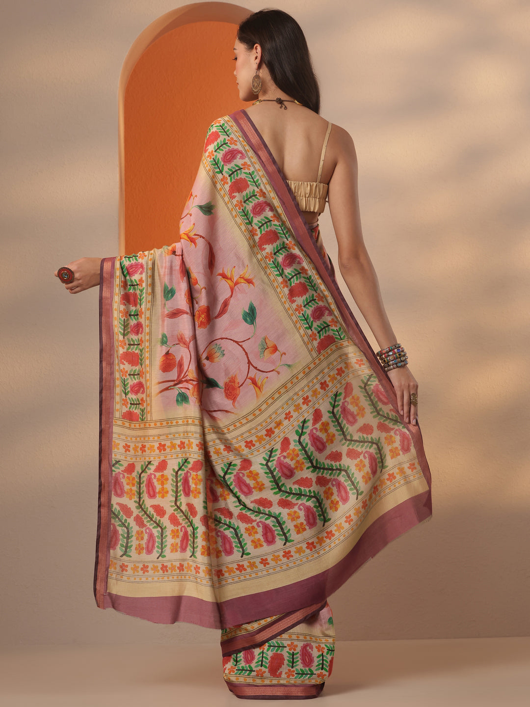  Mauve Printed Silk Blend Saree With Unstitched Blouse Piece 