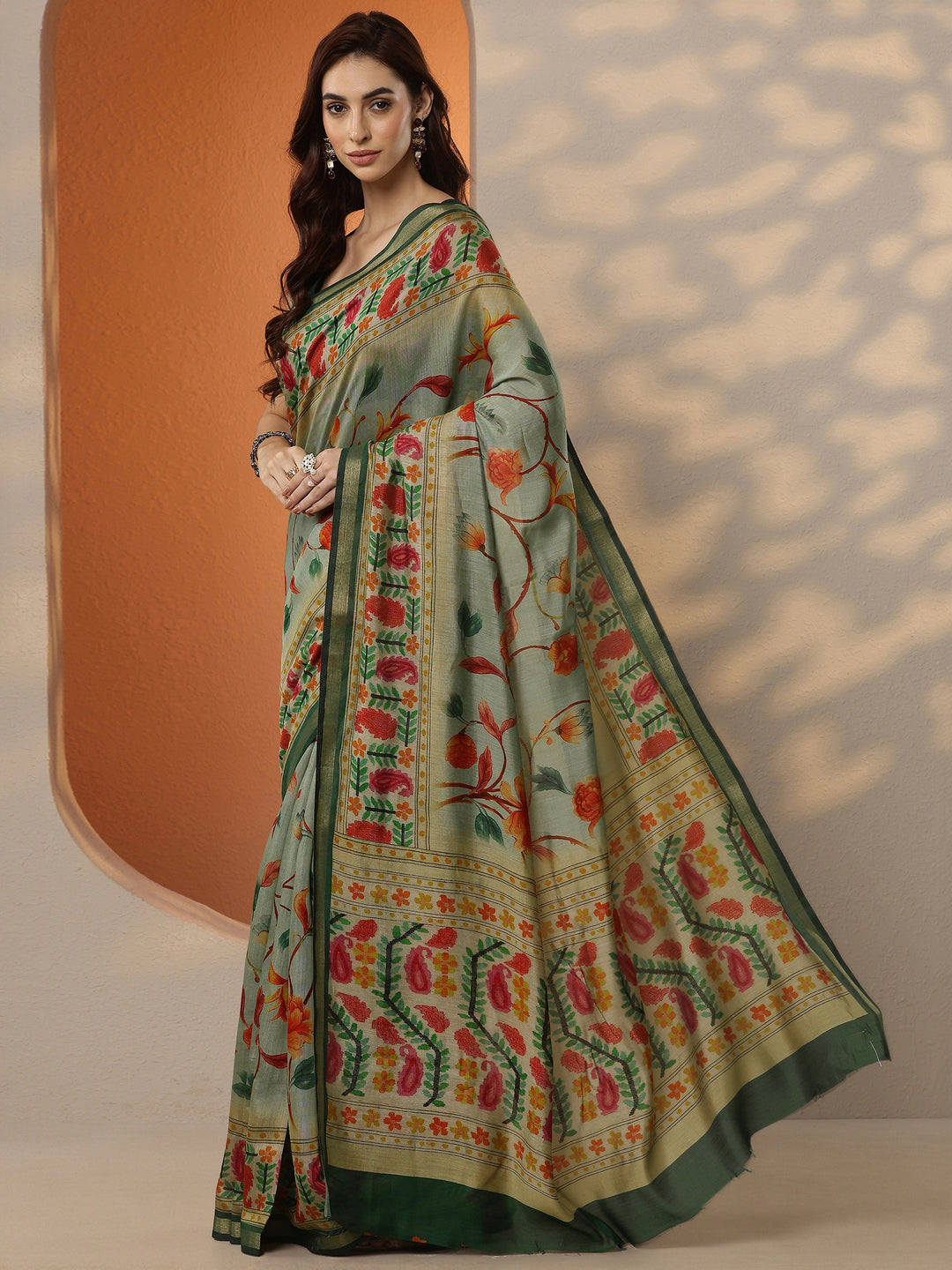  Green Printed Silk Blend Saree With Unstitched Blouse Piece 