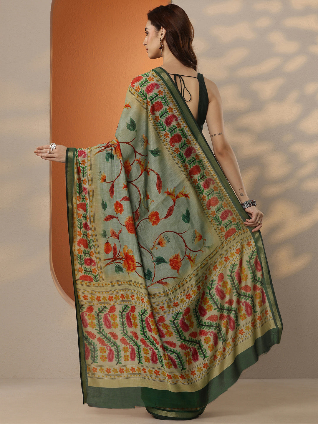  Green Printed Silk Blend Saree With Unstitched Blouse Piece 