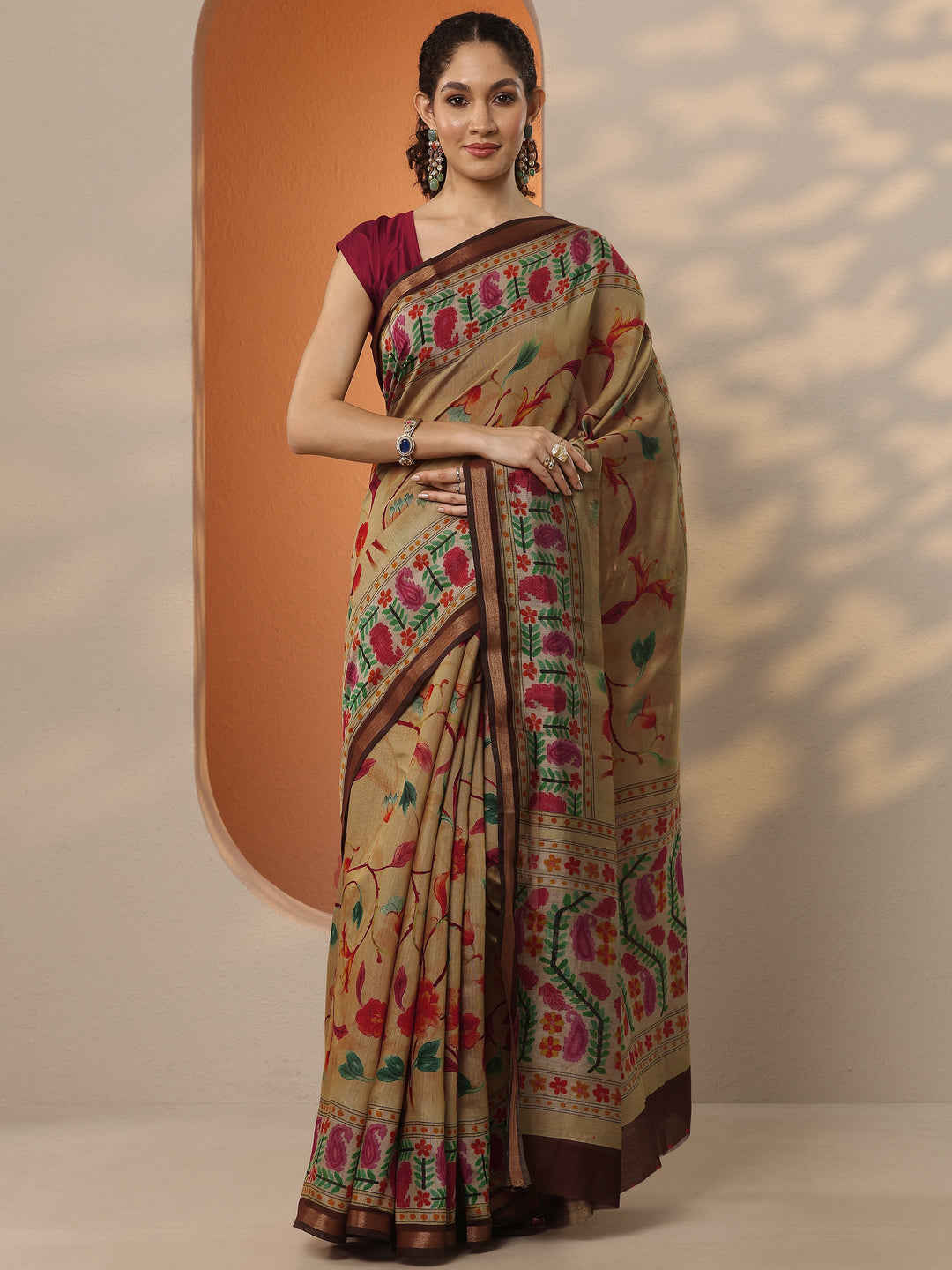  Gold Printed Silk Blend Saree With Unstitched Blouse Piece 