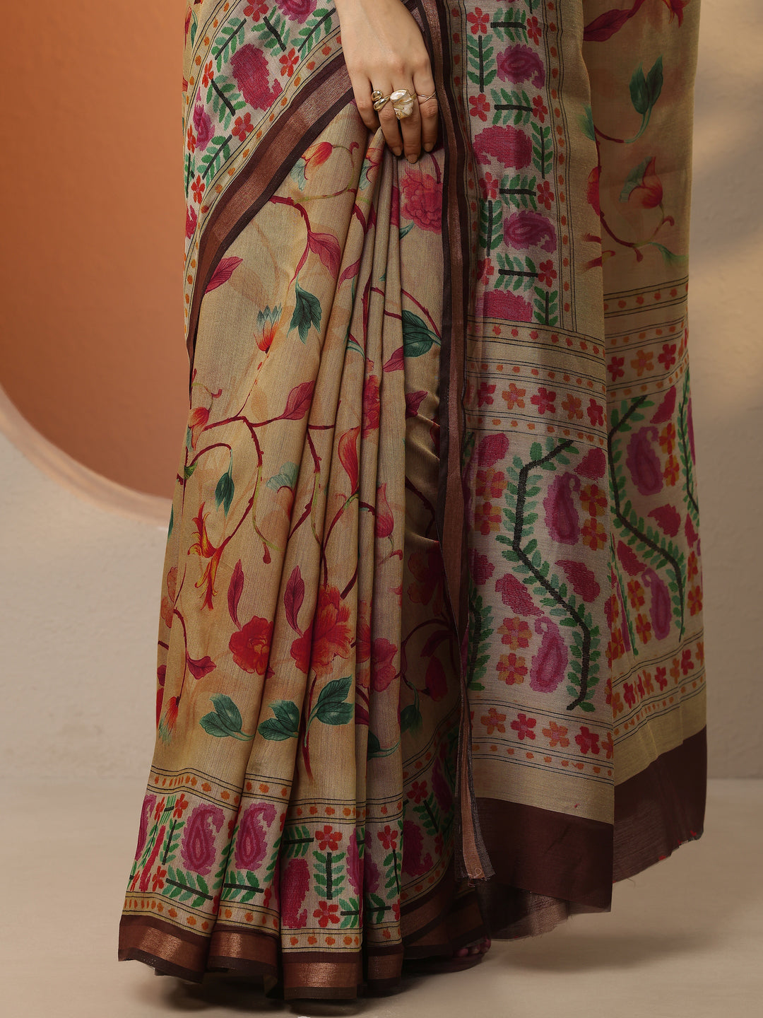  Gold Printed Silk Blend Saree With Unstitched Blouse Piece 