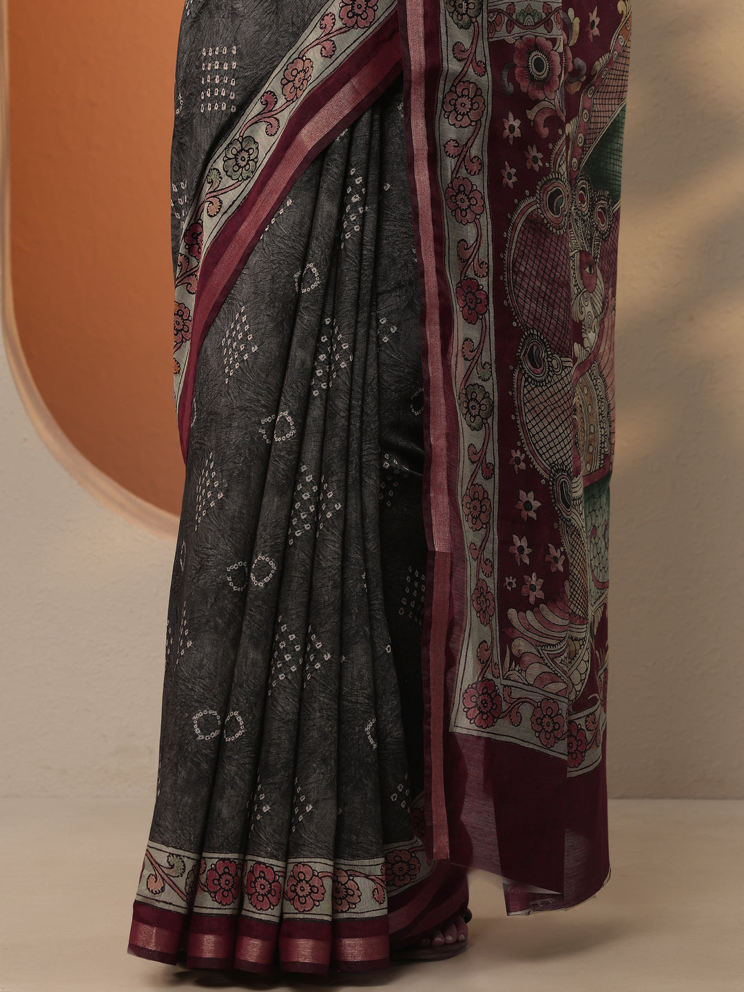  Grey Bandhani Printed Silk Blend Saree With Unstitched Blouse Piece 