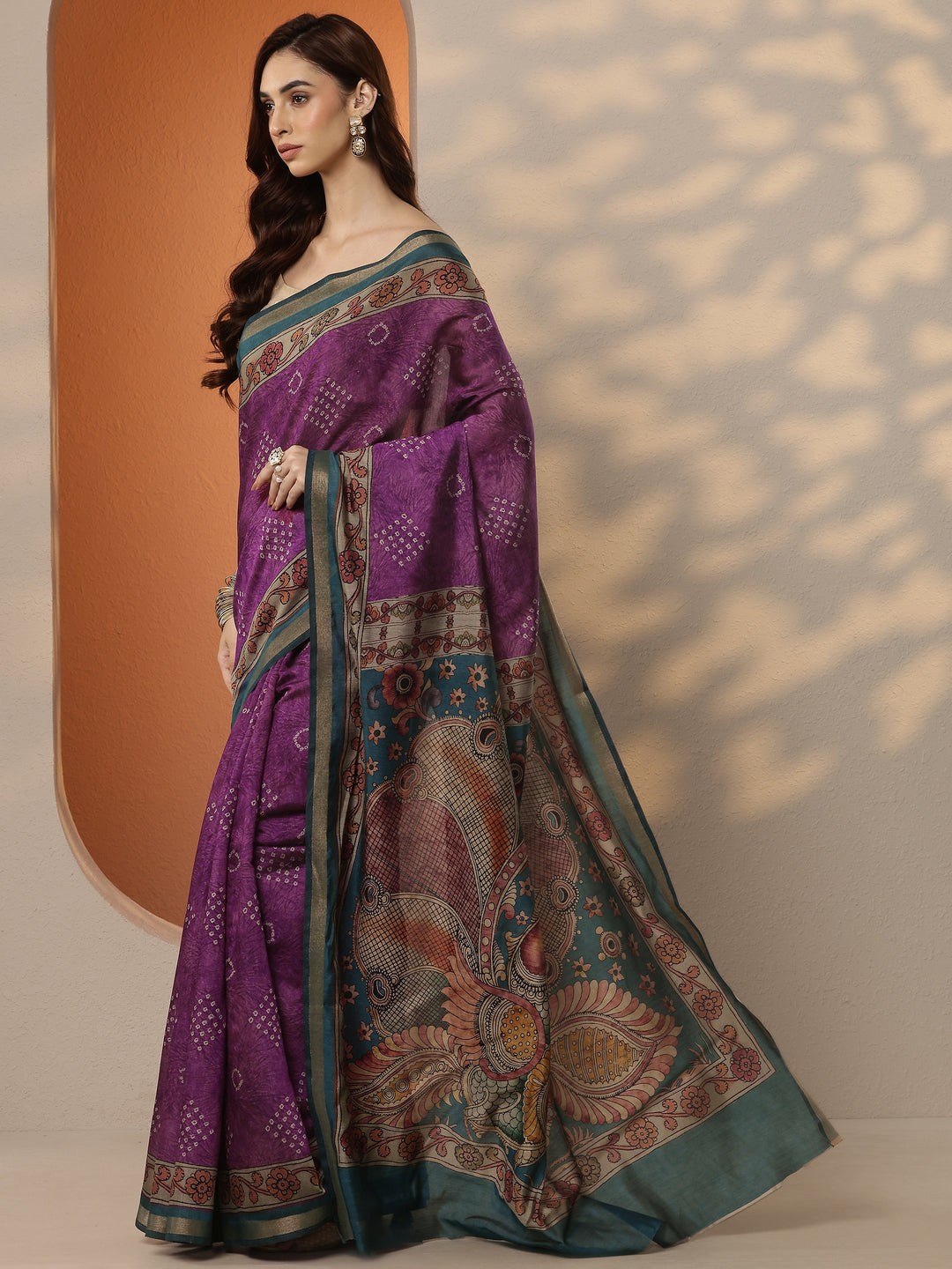  Purple Bandhani Printed Silk Blend Saree With Unstitched Blouse Piece 