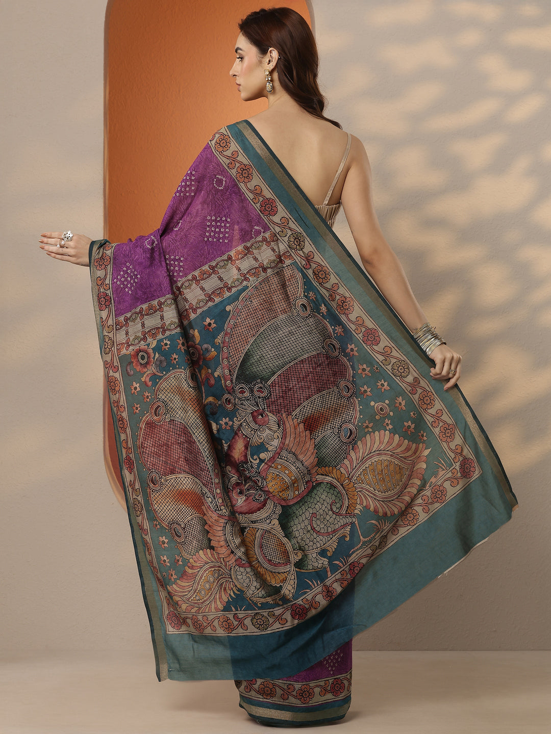 Purple Bandhani Printed Silk Blend Saree With Unstitched Blouse Piece 
