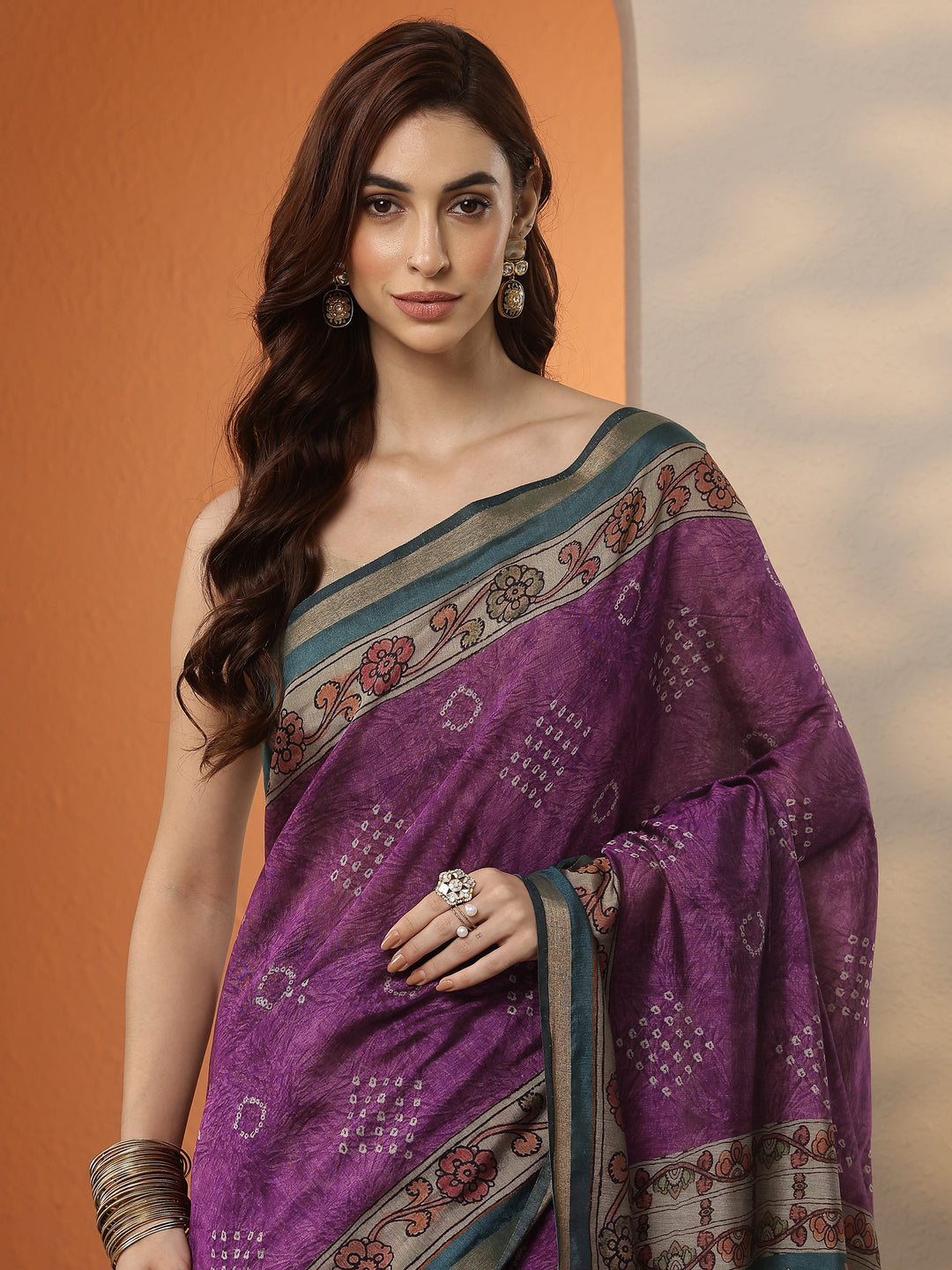 Purple Bandhani Printed Silk Blend Saree With Unstitched Blouse Piece 