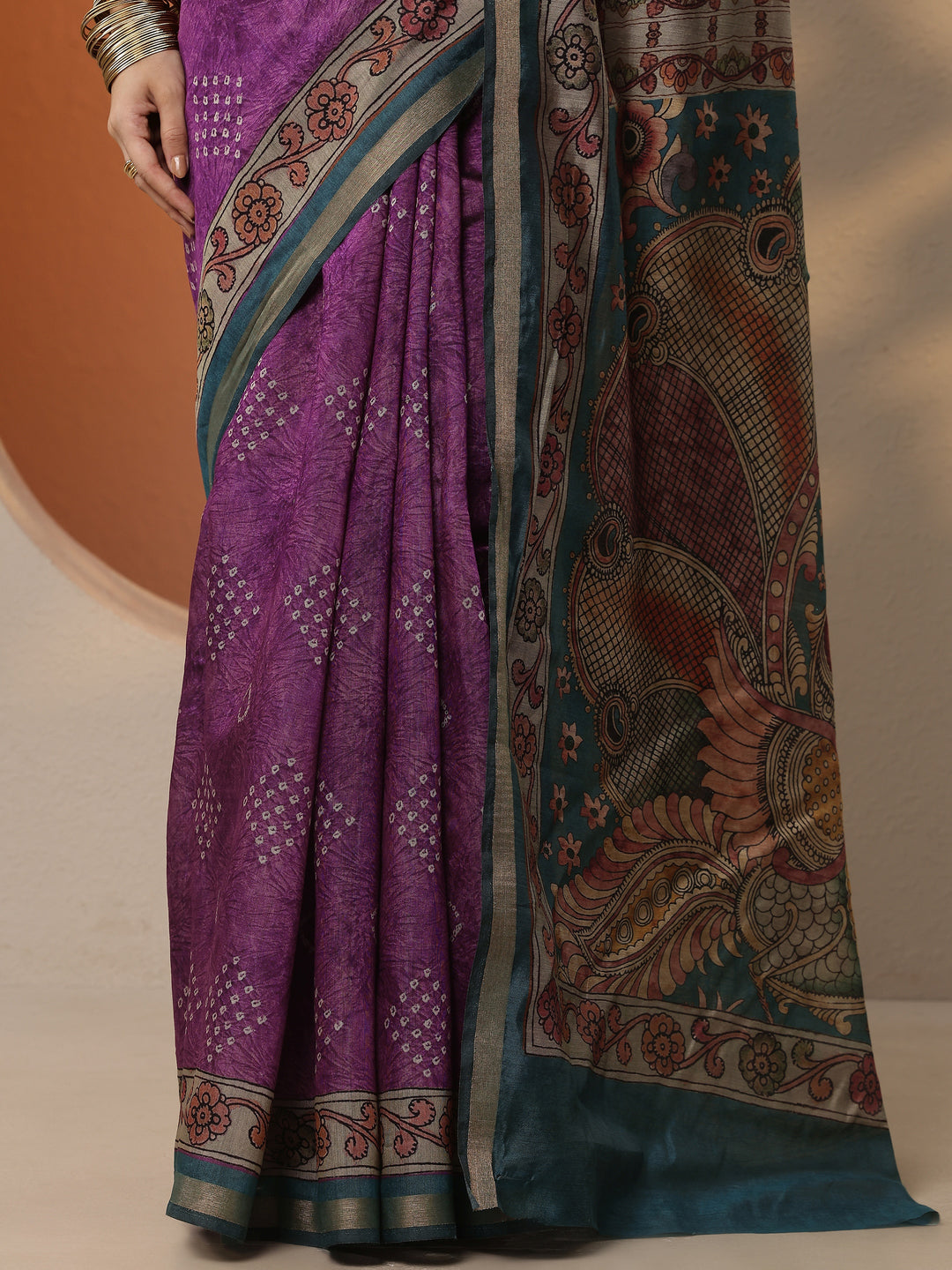  Purple Bandhani Printed Silk Blend Saree With Unstitched Blouse Piece 
