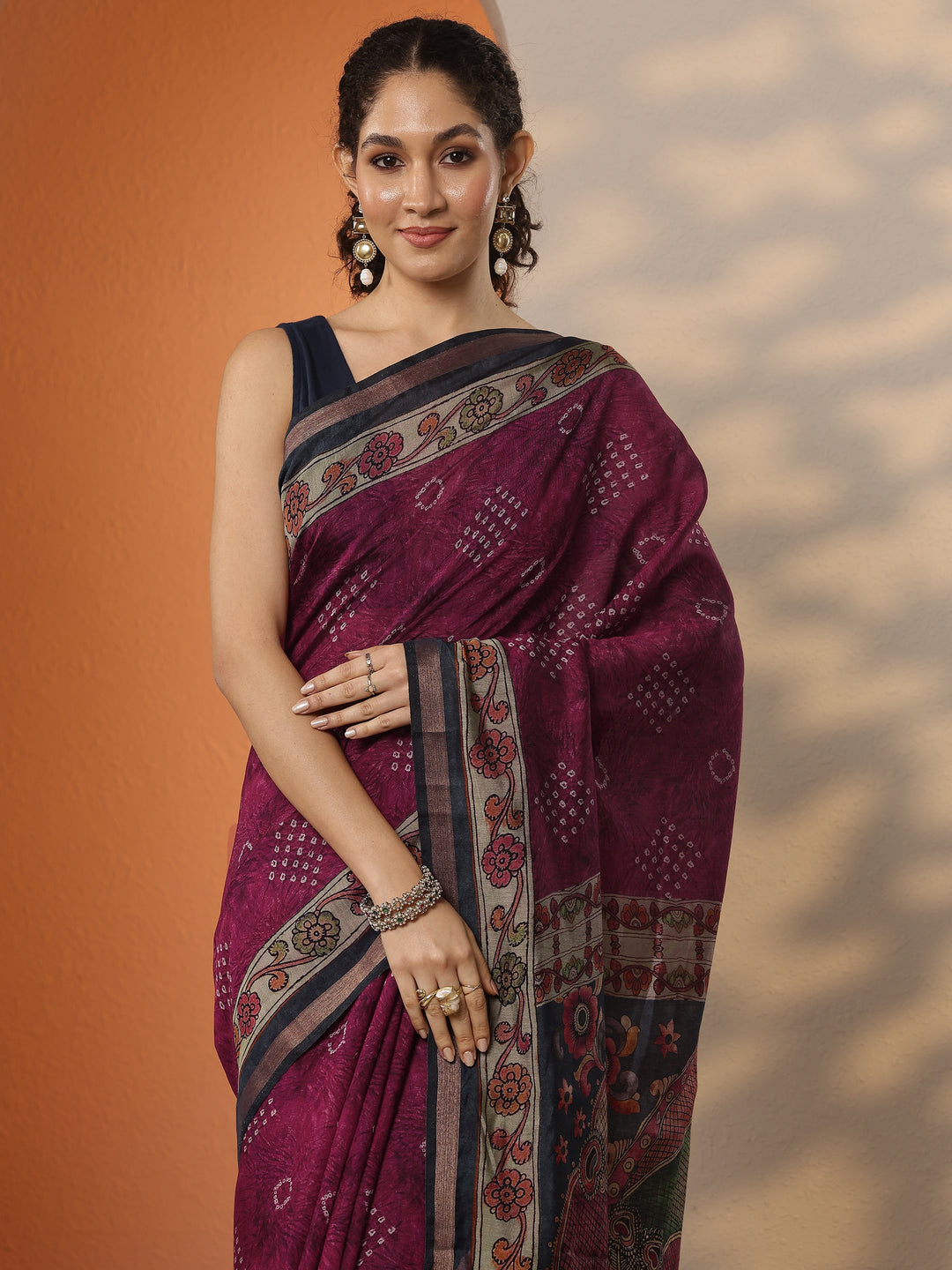  Pink Bandhani Printed Silk Blend Saree With Unstitched Blouse Piece 