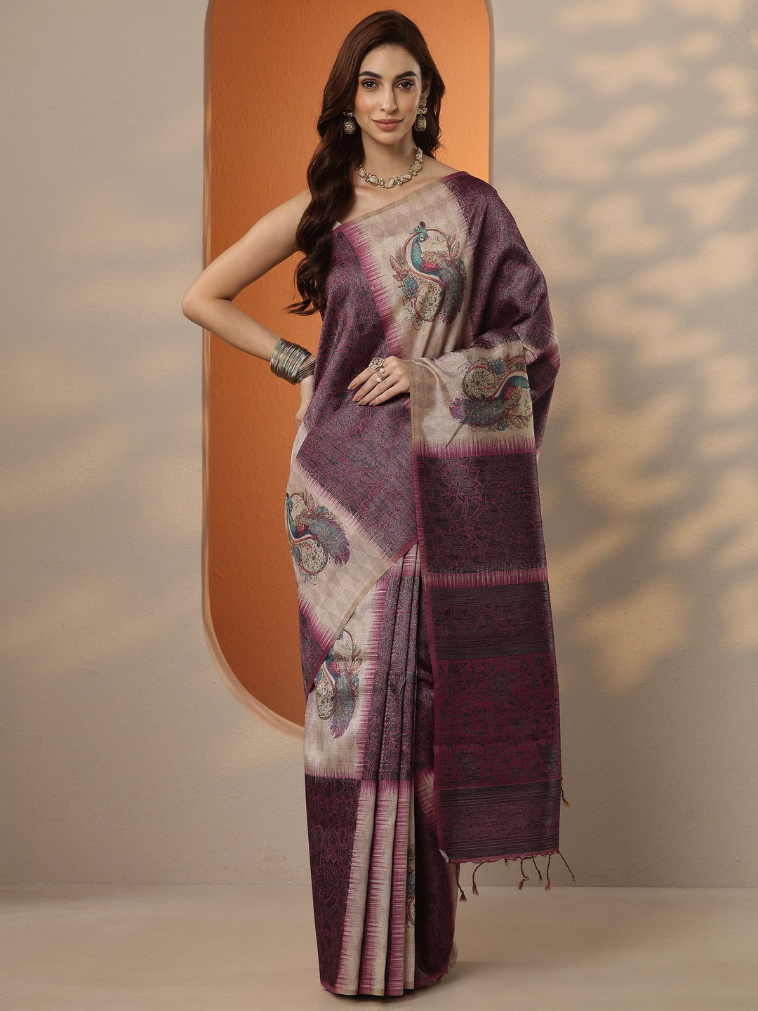  Beige Printed Silk Blend Saree With Unstitched Blouse Piece 