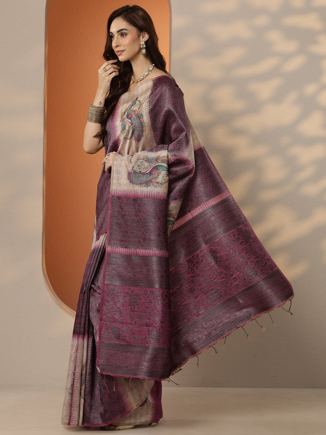  Beige Printed Silk Blend Saree With Unstitched Blouse Piece 