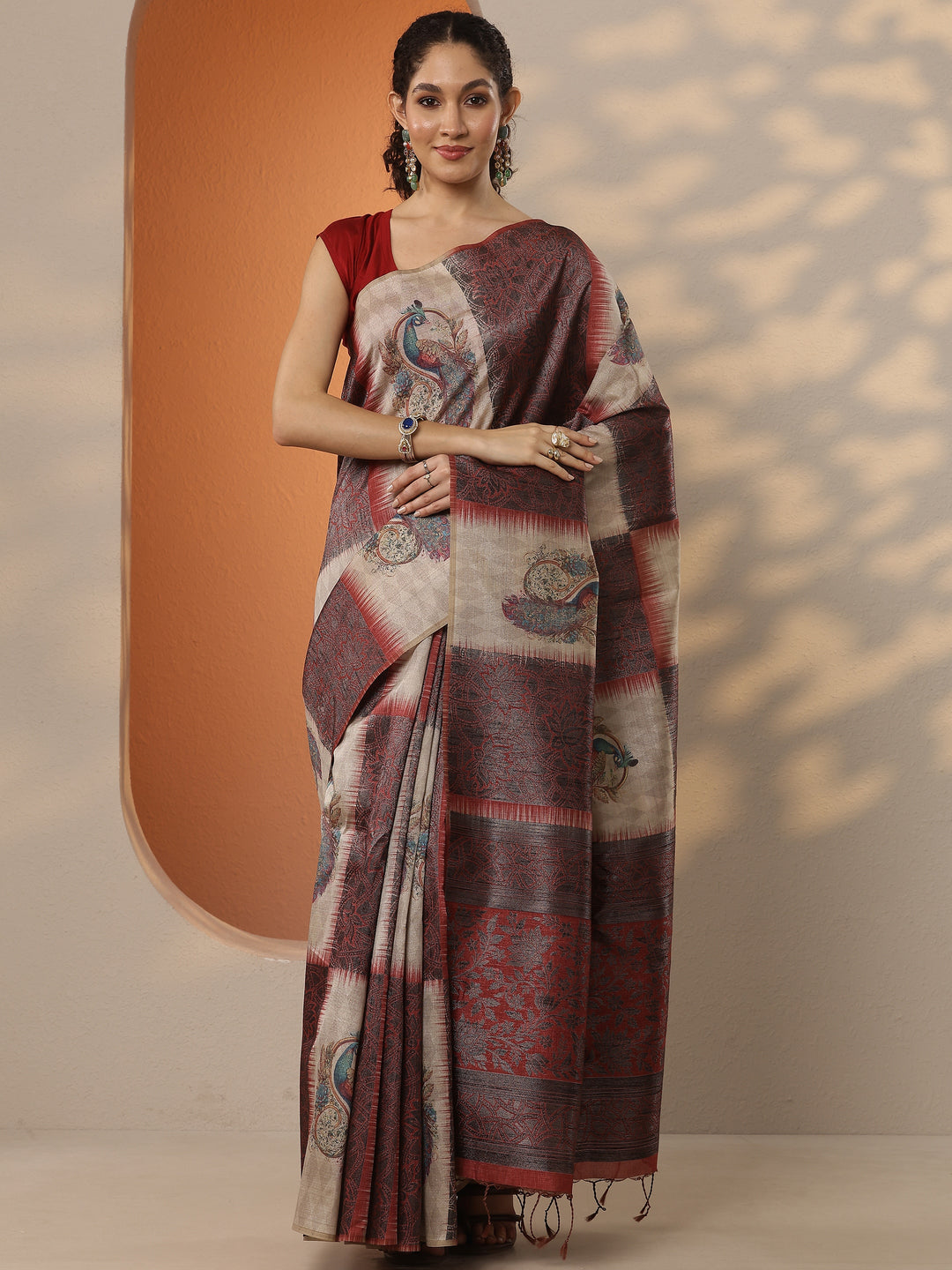  Beige Printed Silk Blend Saree With Unstitched Blouse Piece 