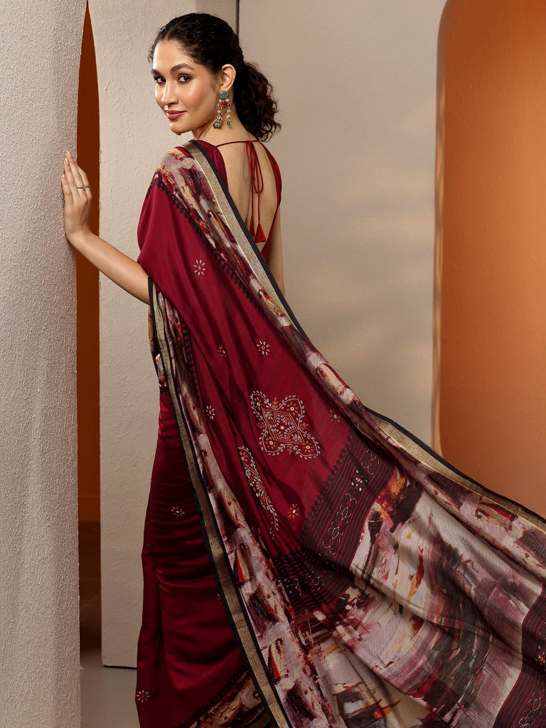Libas Maroon Printed Silk Blend Saree With Unstitched Blouse Piece